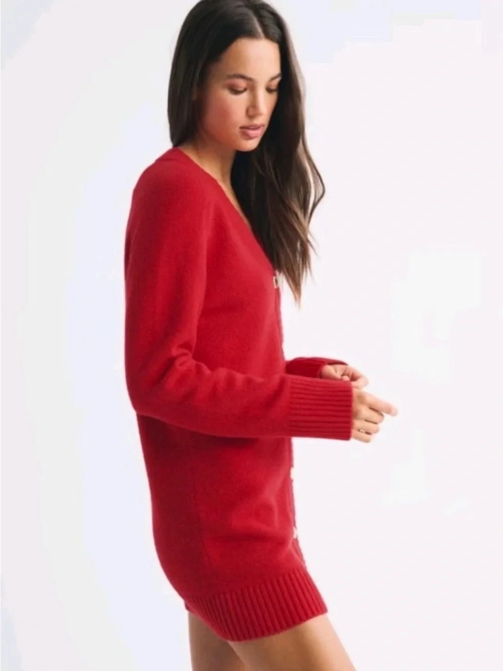Abercrombie & Fitch Red V-Neck Button Front Longline Cardigan